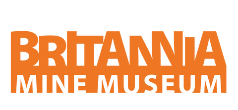 Logo of Britannia Mine Museum with orange text on a white background